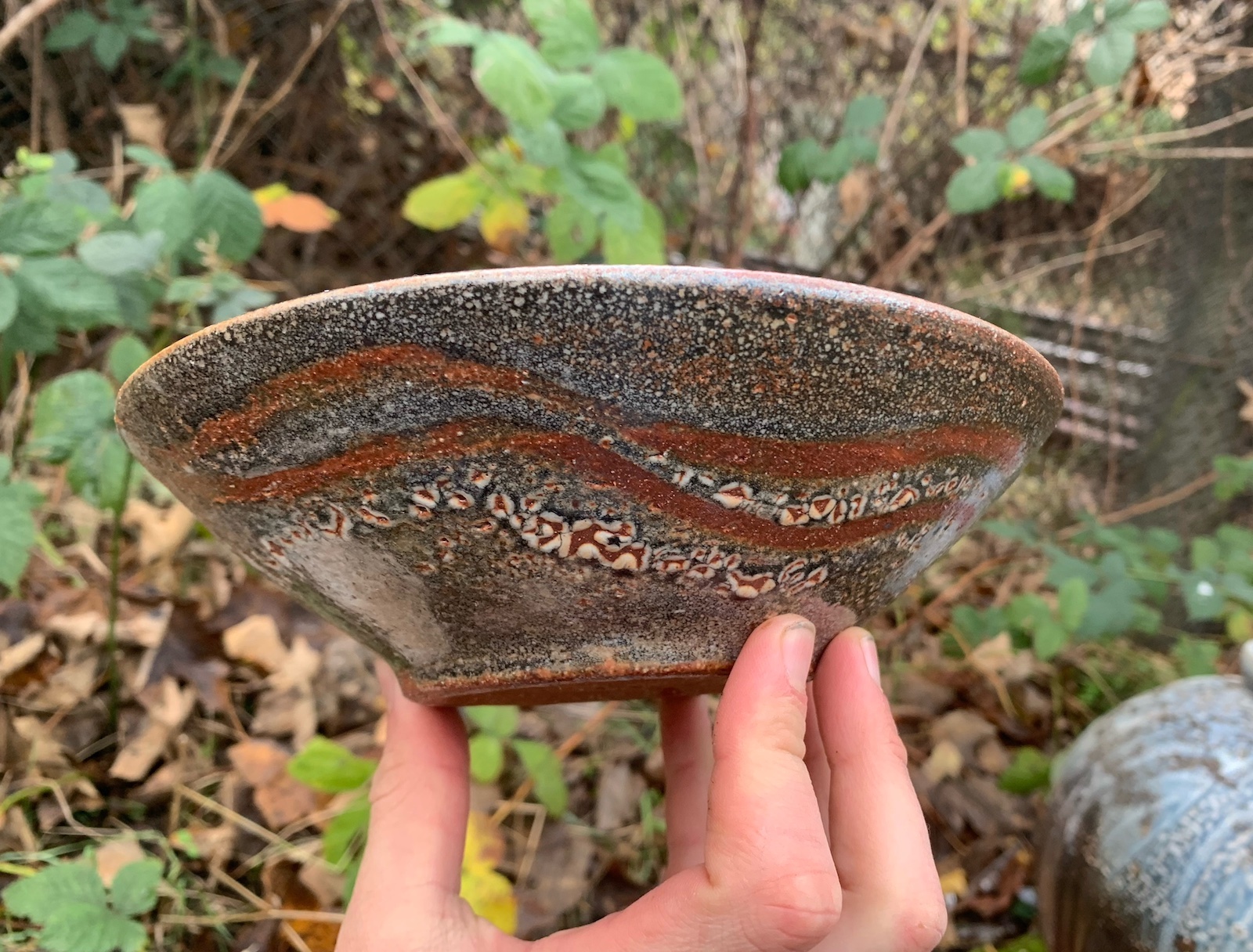 a wide shallow, brownish-cream glazed bowl
        seen from the side. Two wavy lines in dark brown circle the outside of the bowl. 
        The glaze is more crackled on the outside and has more blue in it