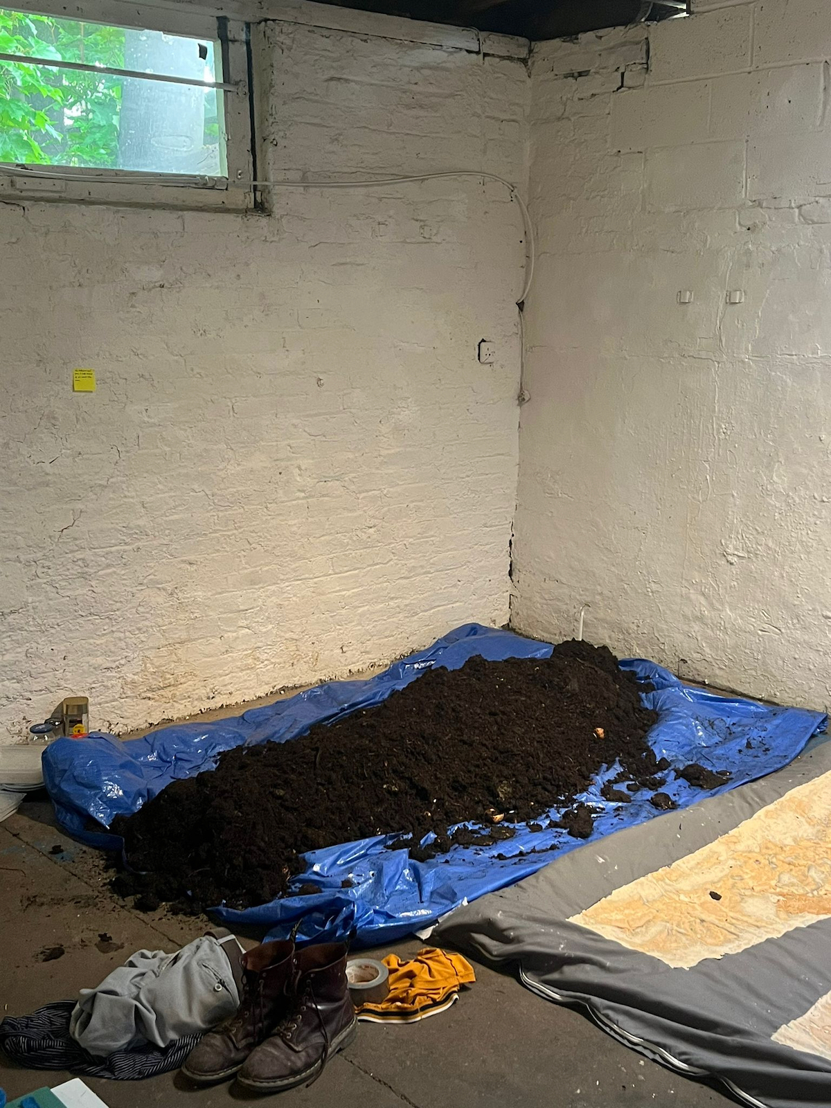 a wide shot of the mound of compost through which the 
        general shape of a human is visible