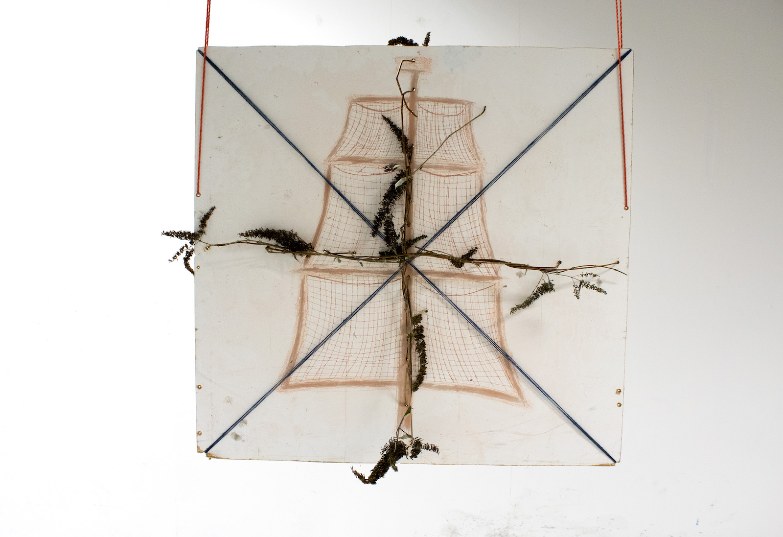 a white piece of compress board with brown, dusty gouges in it in the shape of a ship mast.
            there is an X made of blue yarn and a cross made of butterfly bush across the image