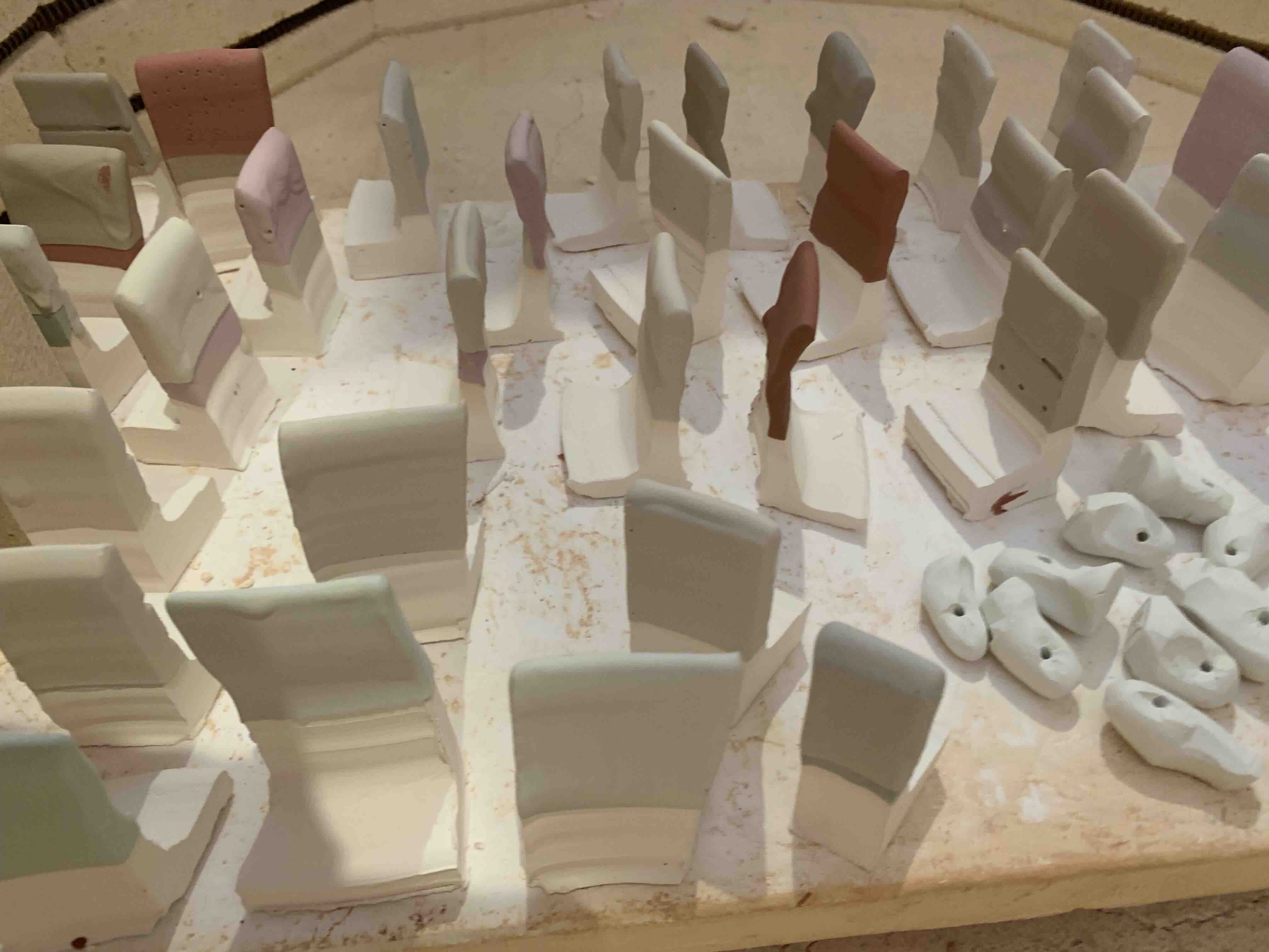 glazed ceramic test tiles, not yet fired